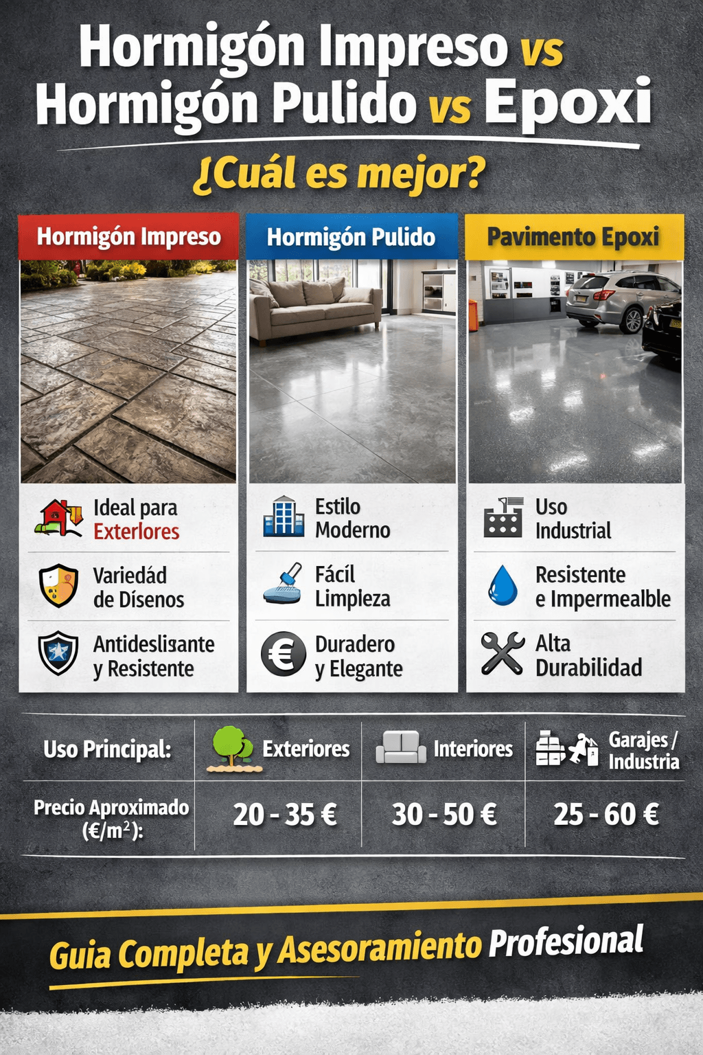 Hormigón impreso vs hormigón pulido vs epoxi: ¿cuál es mejor?
